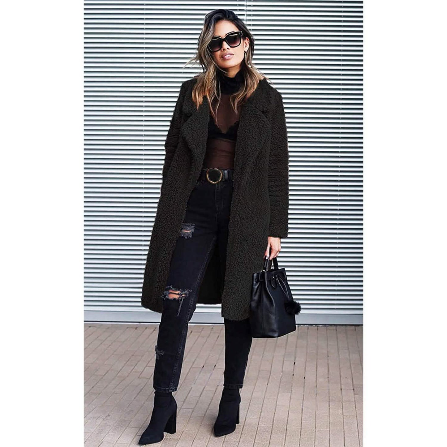 Women's Fuzzy Fleece Lapel Open Front Long Cardigan Coat DailySale