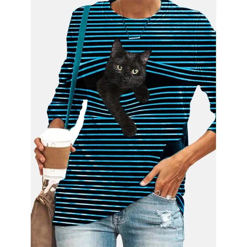Women's Halloween Tunic T shirt Striped Cat 3D Cartoon Long Sleeve Print Round Neck DailySale