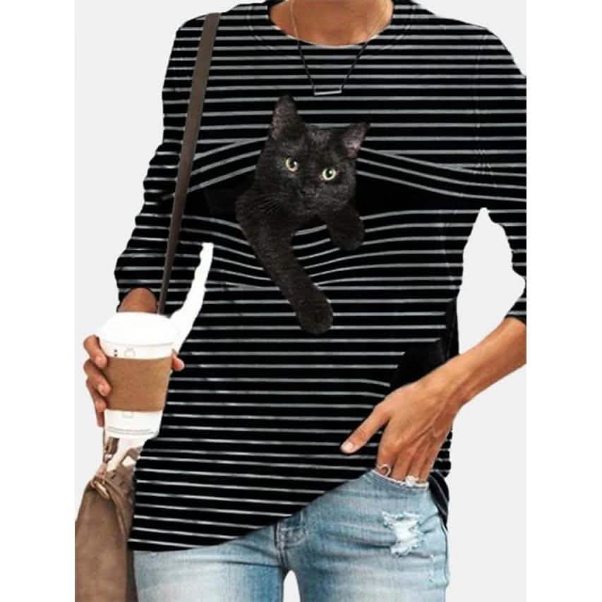 Women's Halloween Tunic T shirt Striped Cat 3D Cartoon Long Sleeve Print Round Neck DailySale