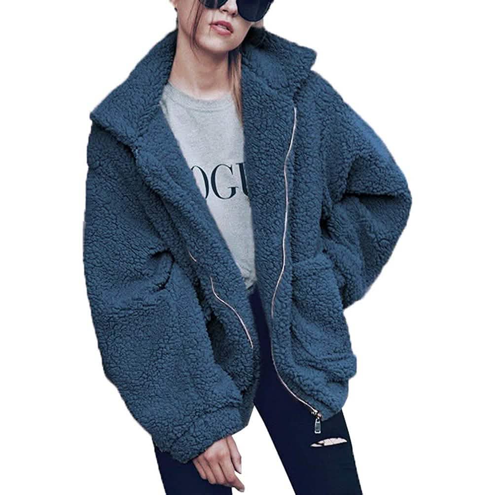 Women's Lapel Zip Up Faux Shearling Shaggy Coat Jacket DailySale