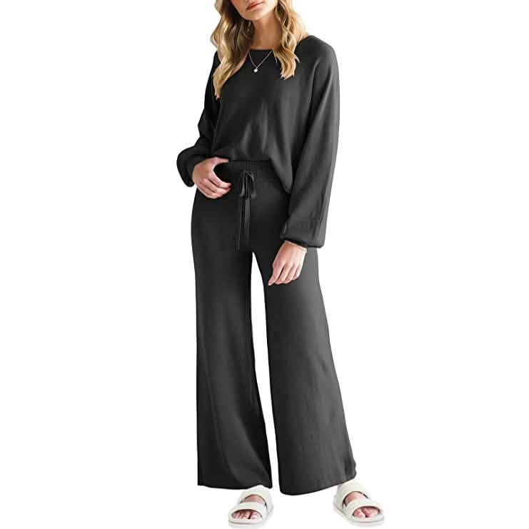 Women's Long Lantern Sleeve Crop Top with Wide Leg Pants Lounge Set DailySale