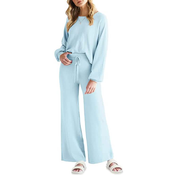 Women's Long Lantern Sleeve Crop Top with Wide Leg Pants Lounge Set DailySale