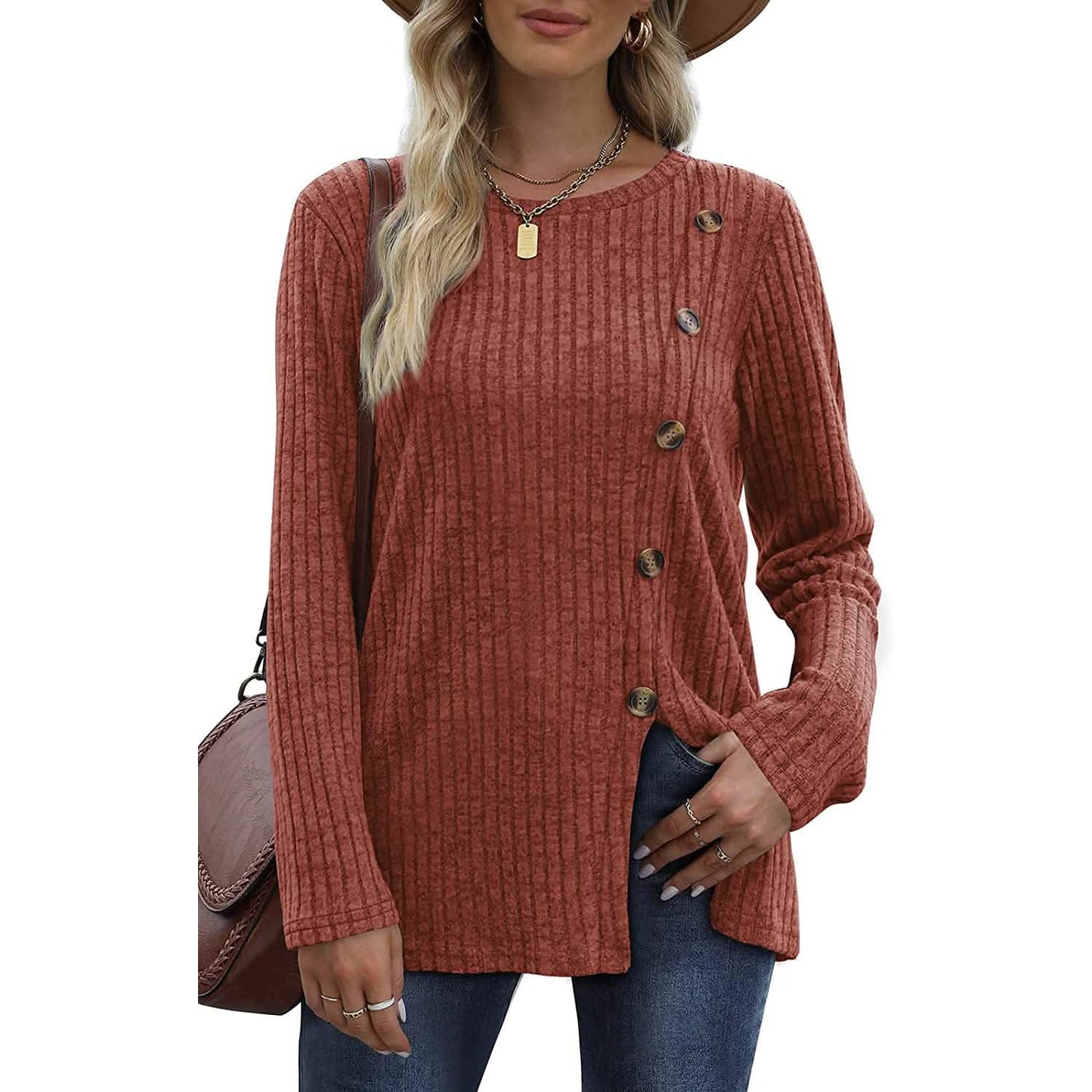 Women's Long Sleeve Crew Neck Tunic Tops Buttons Side DailySale