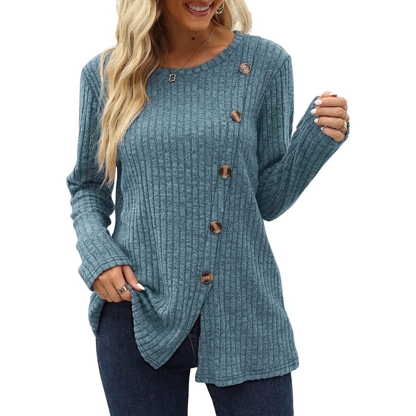 Women's Long Sleeve Crew Neck Tunic Tops Buttons Side DailySale