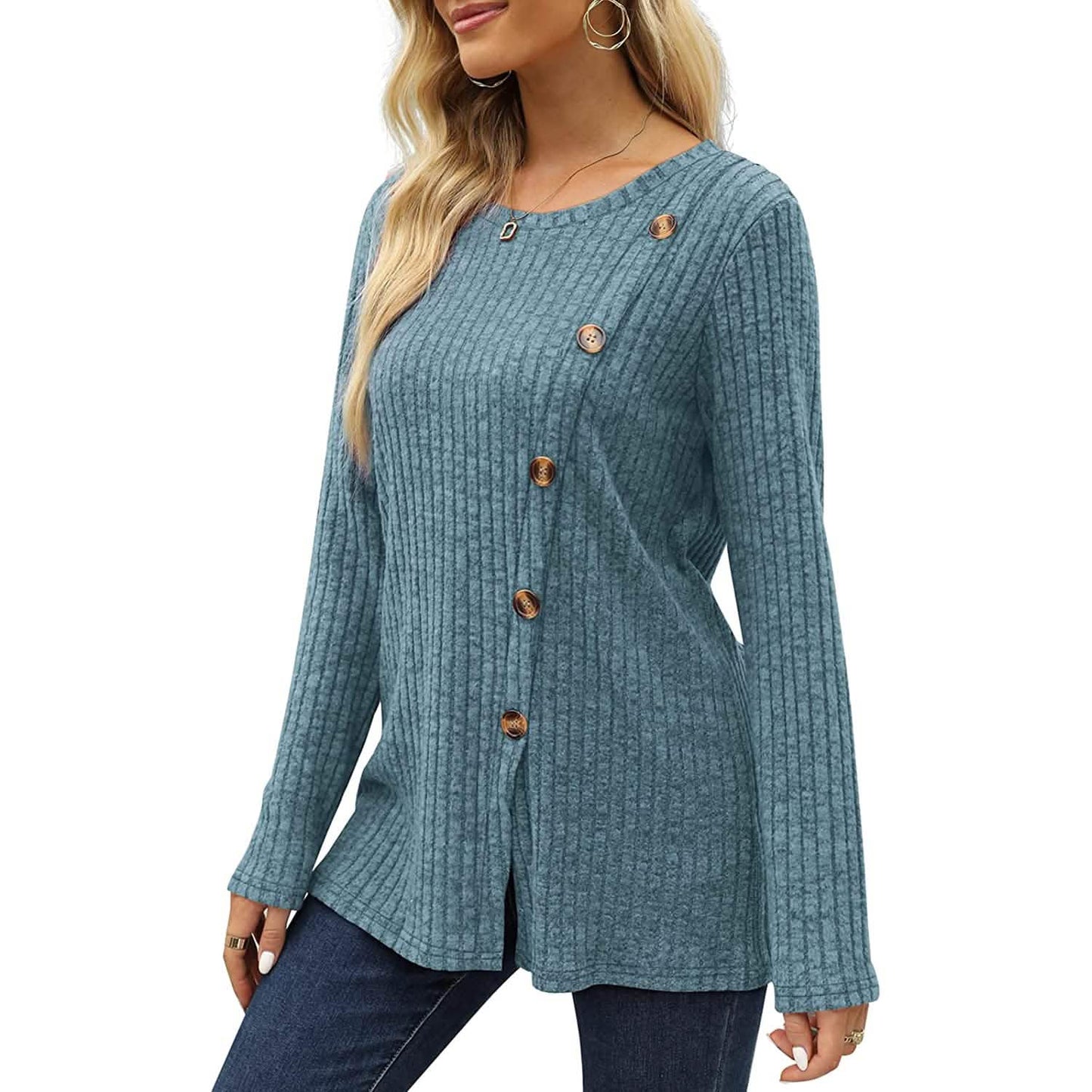 Women's Long Sleeve Crew Neck Tunic Tops Buttons Side DailySale