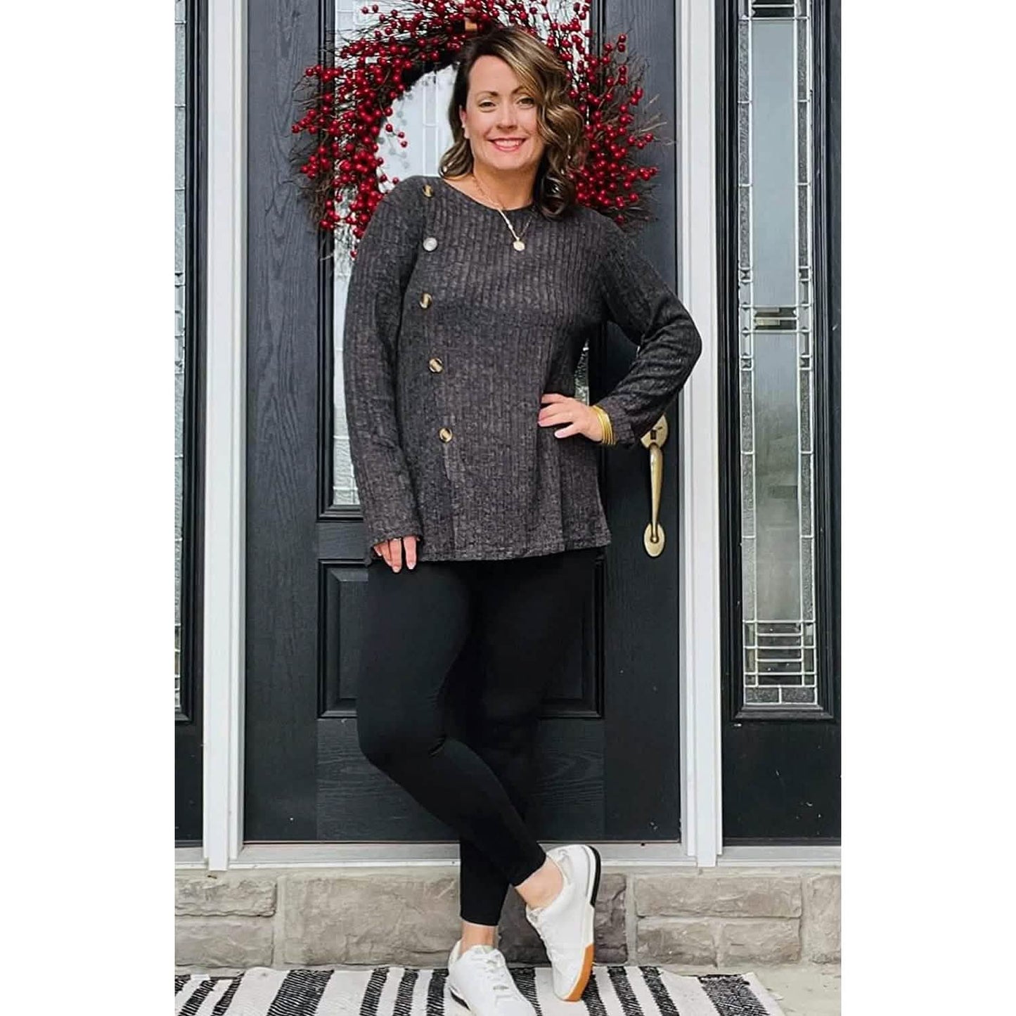 Women's Long Sleeve Crew Neck Tunic Tops Buttons Side DailySale