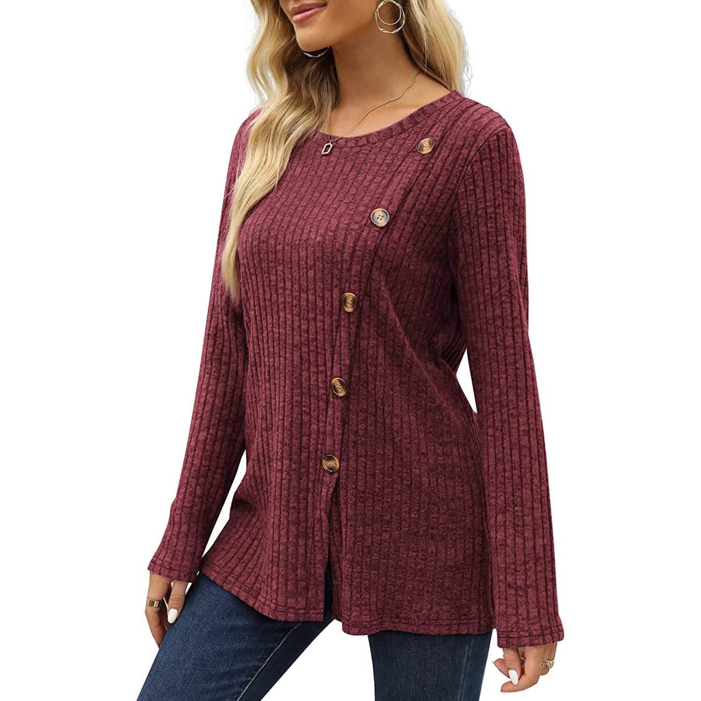 Women's Long Sleeve Crew Neck Tunic Tops Buttons Side DailySale