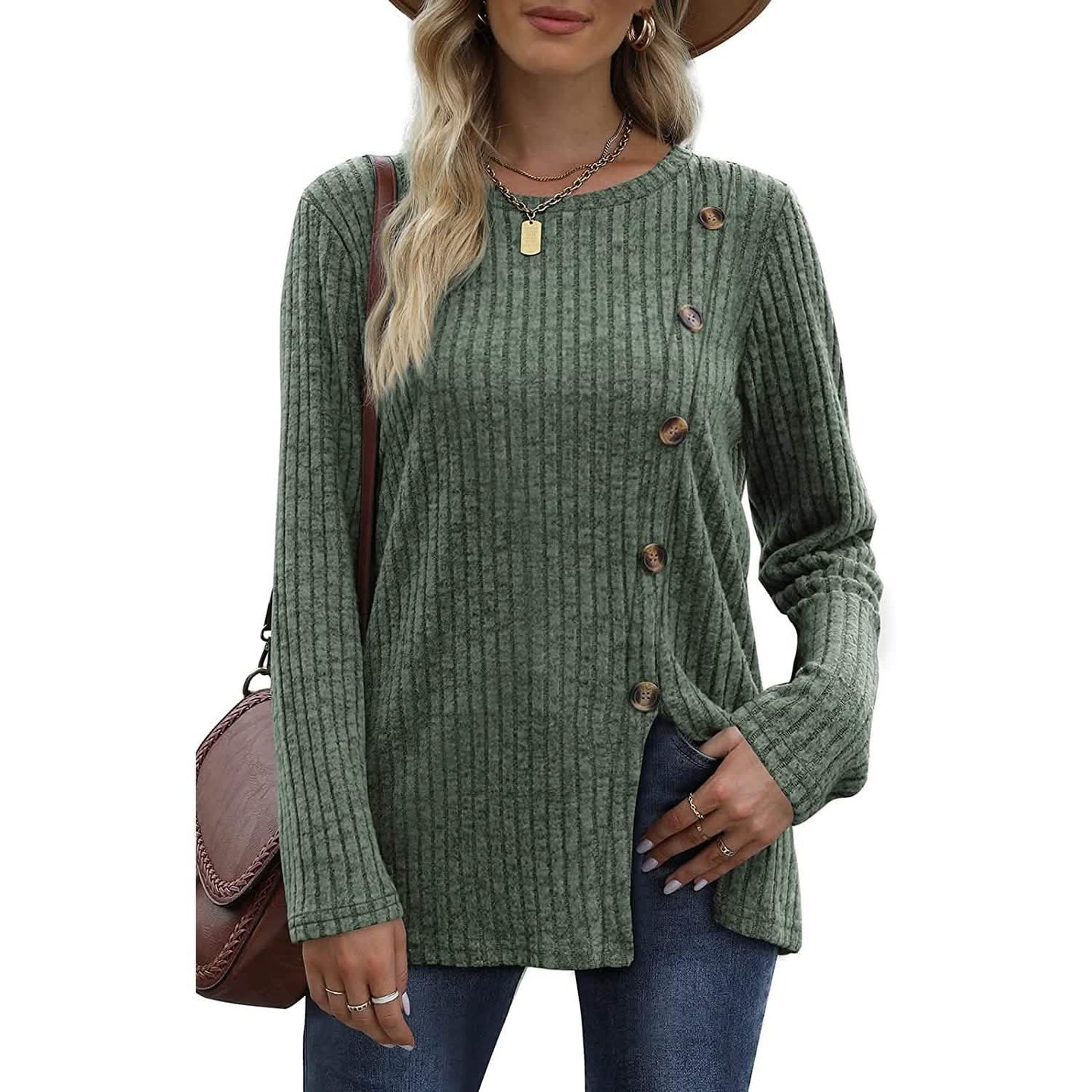 Women's Long Sleeve Crew Neck Tunic Tops Buttons Side DailySale