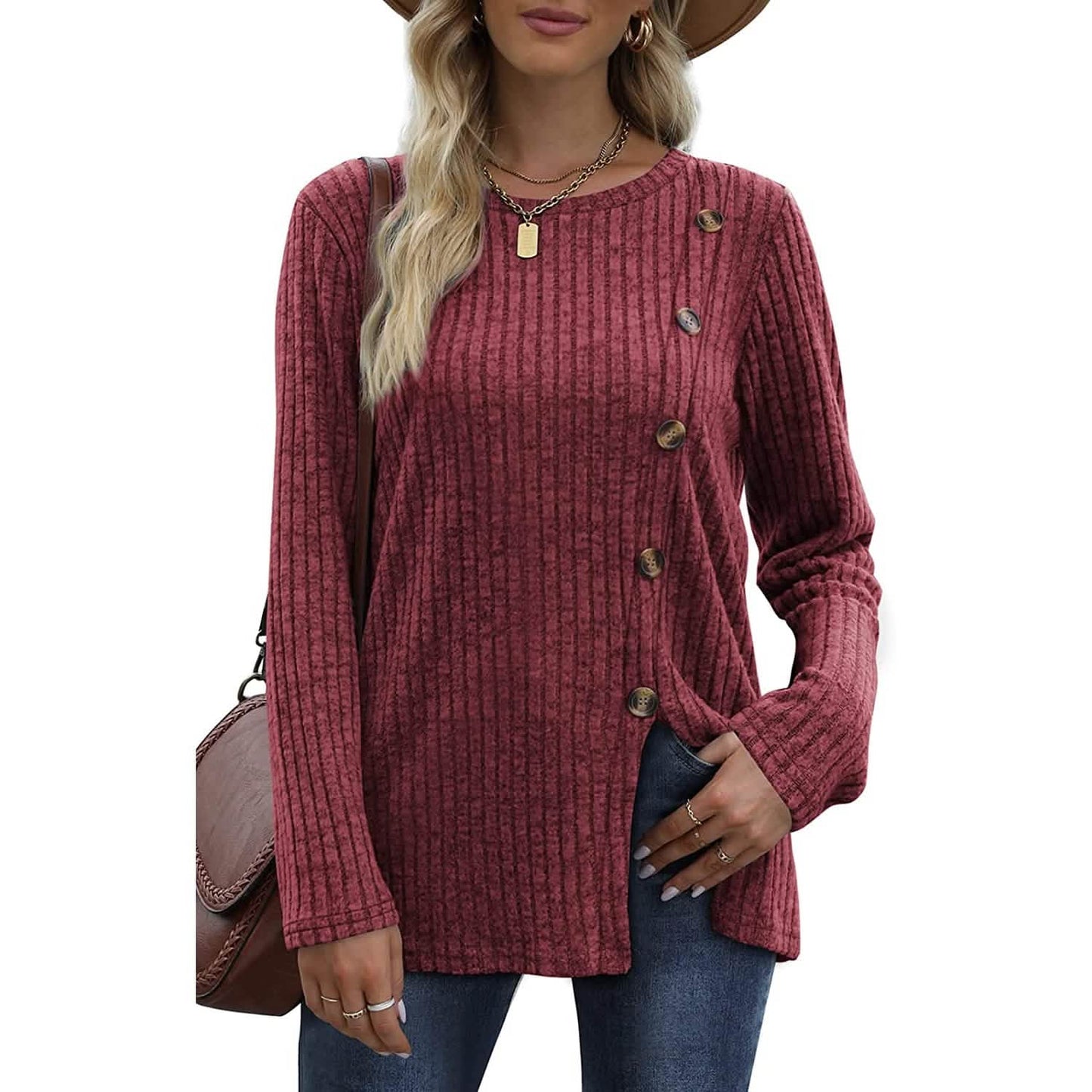 Women's Long Sleeve Crew Neck Tunic Tops Buttons Side DailySale