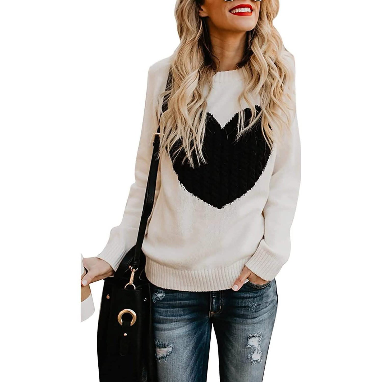 Women's Long Sleeve Crewneck Cute Heart Knitted Sweaters DailySale