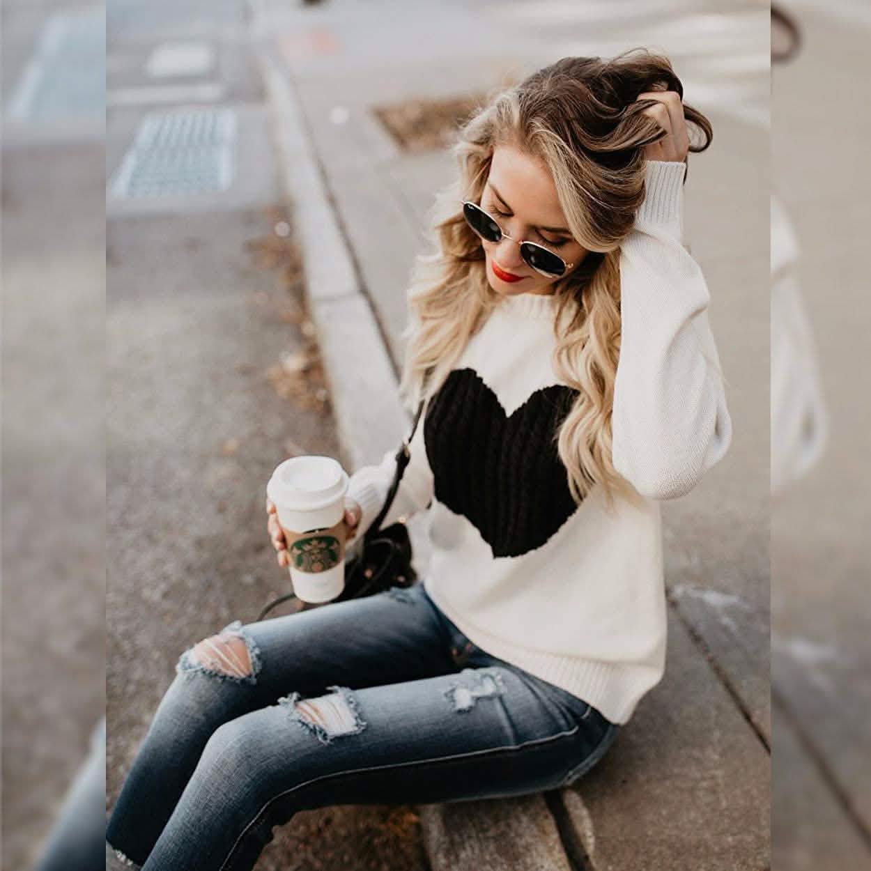 Women's Long Sleeve Crewneck Cute Heart Knitted Sweaters DailySale