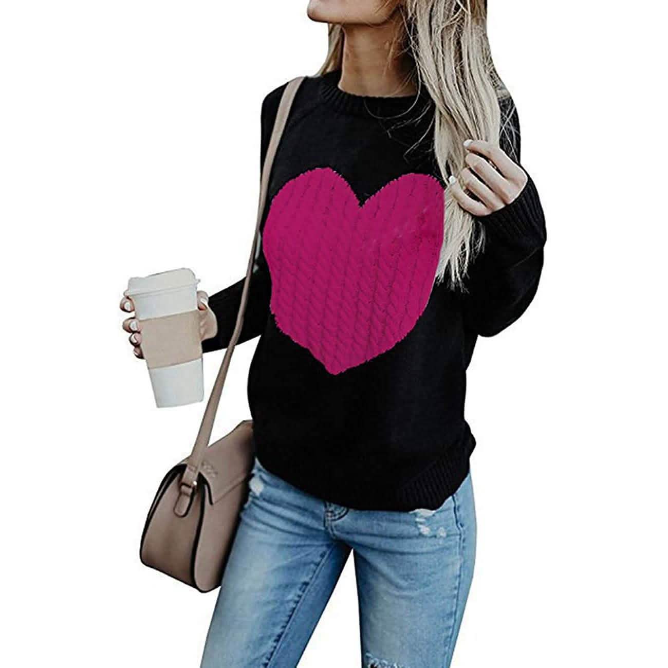 Women's Long Sleeve Crewneck Cute Heart Knitted Sweaters DailySale