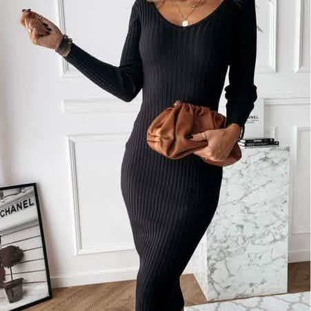 Women's Long Sleeve Dress V-neck Casual Dresses Soid Color Stripe Bodycon Dress Plus Size Long Dress DailySale