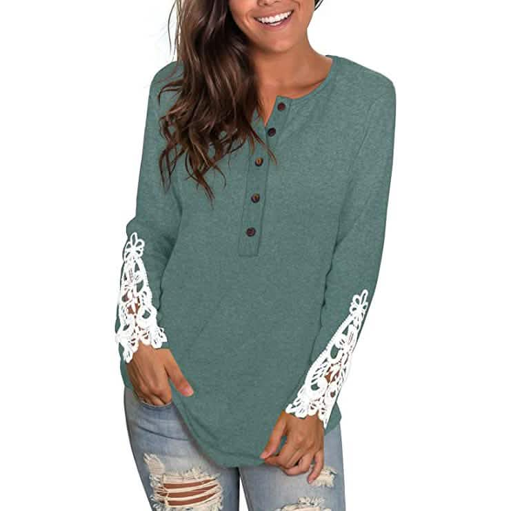 Women's Long Sleeve Solid Color Round Neck Lace Buttons Tunic Tops DailySale
