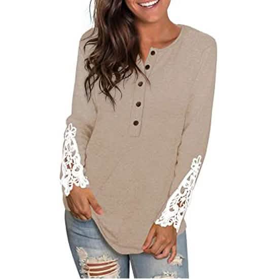 Women's Long Sleeve Solid Color Round Neck Lace Buttons Tunic Tops DailySale