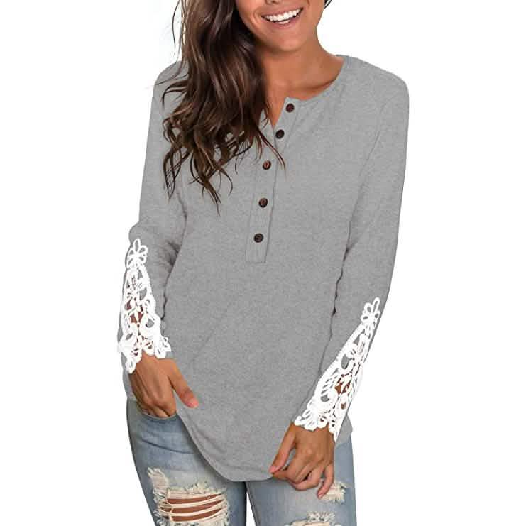 Women's Long Sleeve Solid Color Round Neck Lace Buttons Tunic Tops DailySale