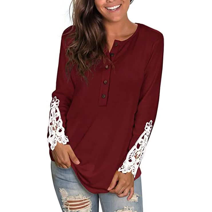 Women's Long Sleeve Solid Color Round Neck Lace Buttons Tunic Tops DailySale