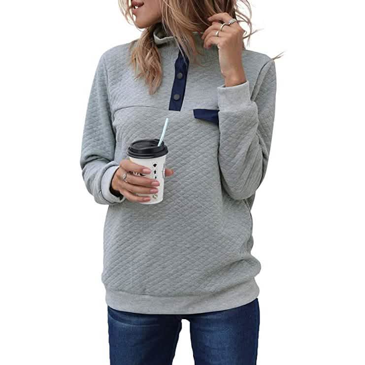Women's Long Sleeve V Neck Button Quilted Patchwork Pullover Sweatshirt Tops DailySale