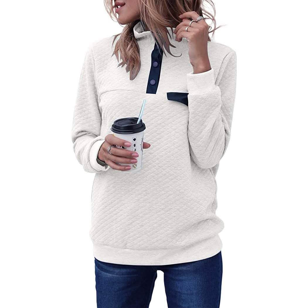 Women's Long Sleeve V Neck Button Quilted Patchwork Pullover Sweatshirt Tops DailySale