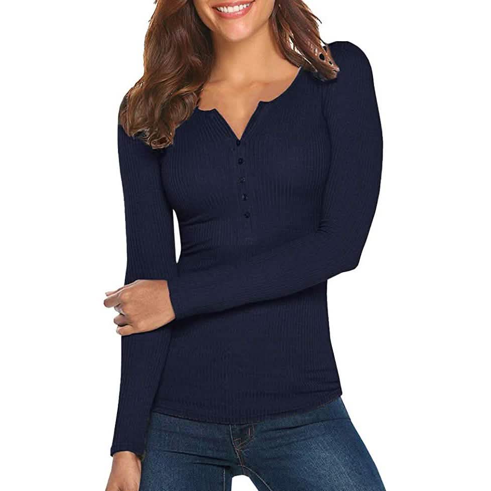 Women's Long Sleeve V Neck Ribbed Button Down Knit Sweater Fitted Top DailySale