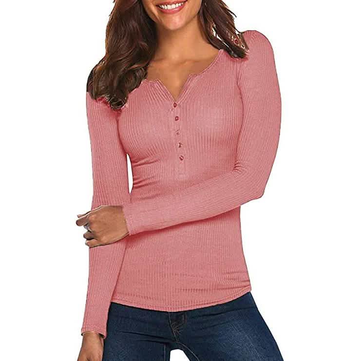 Women's Long Sleeve V Neck Ribbed Button Down Knit Sweater Fitted Top DailySale