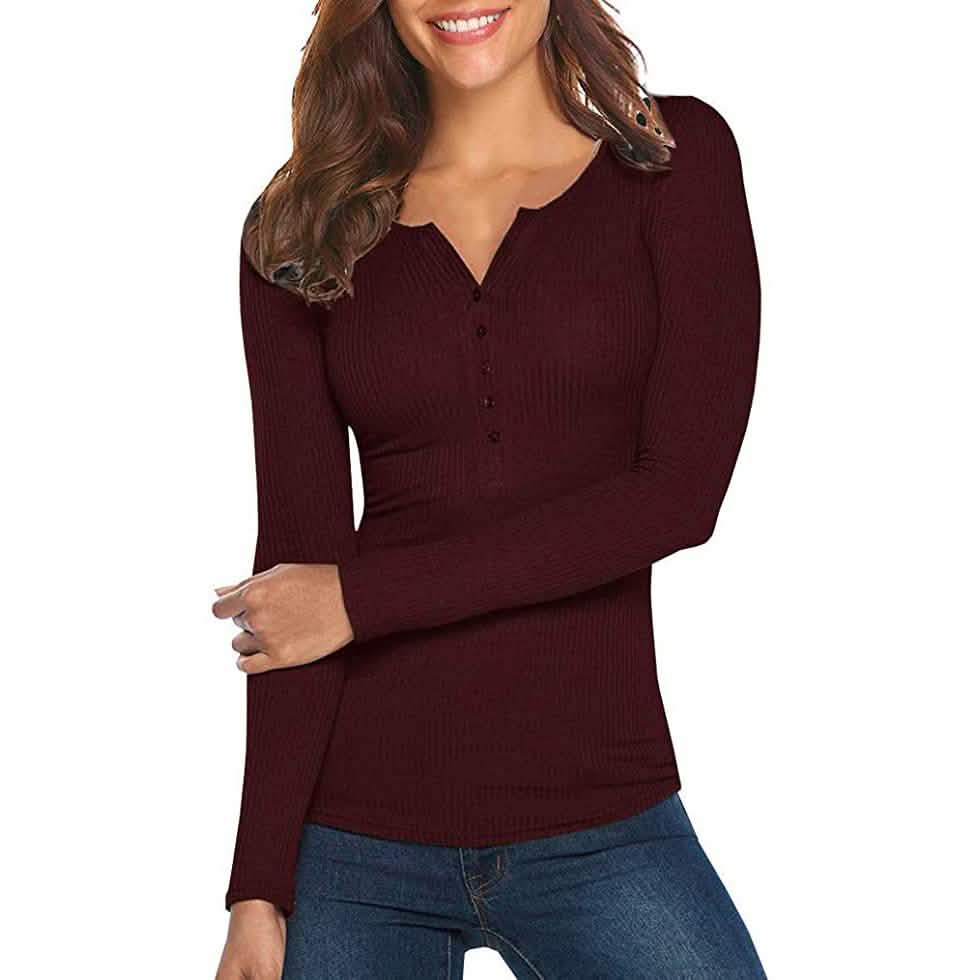 Women's Long Sleeve V Neck Ribbed Button Down Knit Sweater Fitted Top DailySale