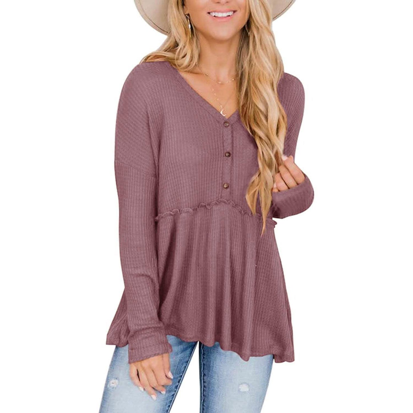 Women's Long Sleeve V Neck Ruffle Babydoll Tunic Tops DailySale