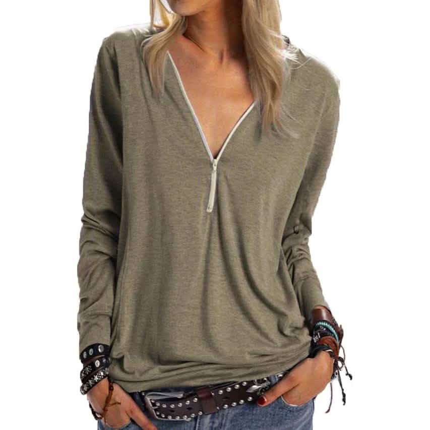 Women's Long Sleeve Zipper Quarter Zip V Neck Casual Top DailySale