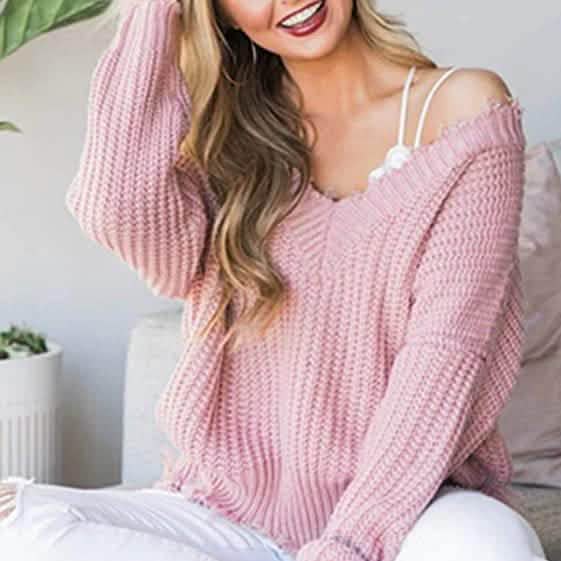 Women's Loose Knitted Sweater Long Sleeve V-Neck Ripped Pullover Sweaters Crop Top Knit Jumper DailySale