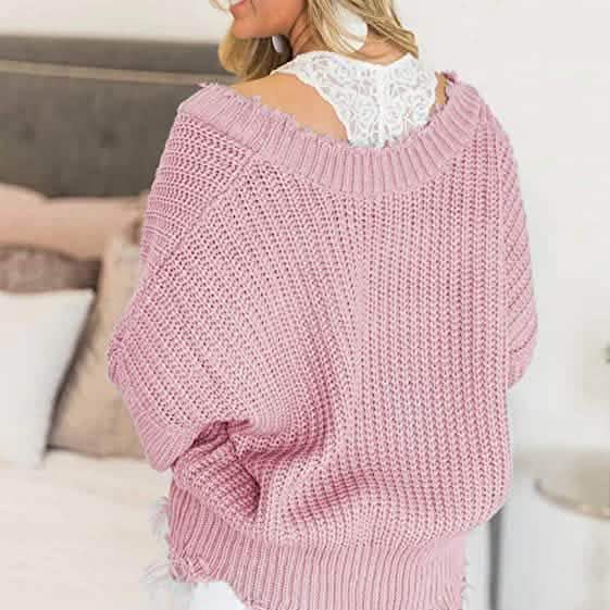 Women's Loose Knitted Sweater Long Sleeve V-Neck Ripped Pullover Sweaters Crop Top Knit Jumper DailySale