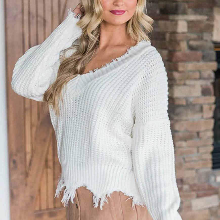 Women's Loose Knitted Sweater Long Sleeve V-Neck Ripped Pullover Sweaters Crop Top Knit Jumper DailySale