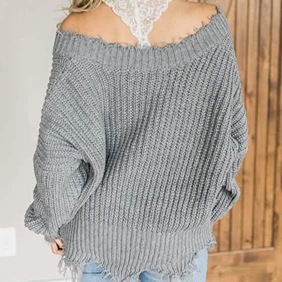 Women's Loose Knitted Sweater Long Sleeve V-Neck Ripped Pullover Sweaters Crop Top Knit Jumper DailySale