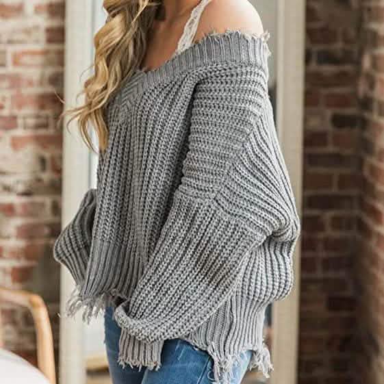 Women's Loose Knitted Sweater Long Sleeve V-Neck Ripped Pullover Sweaters Crop Top Knit Jumper DailySale