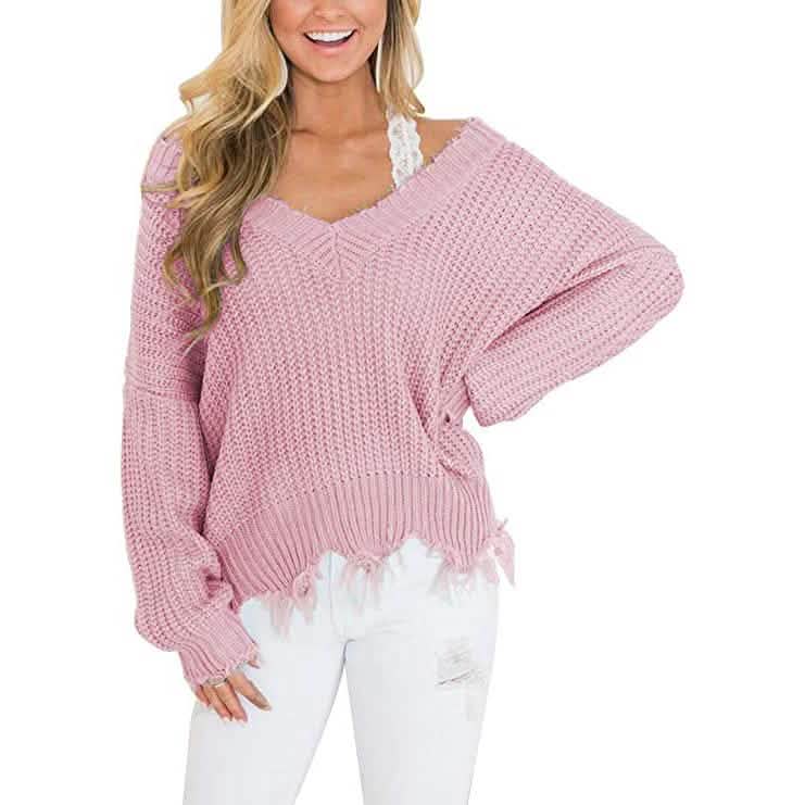 Women's Loose Knitted Sweater Long Sleeve V-Neck Ripped Pullover Sweaters Crop Top Knit Jumper DailySale