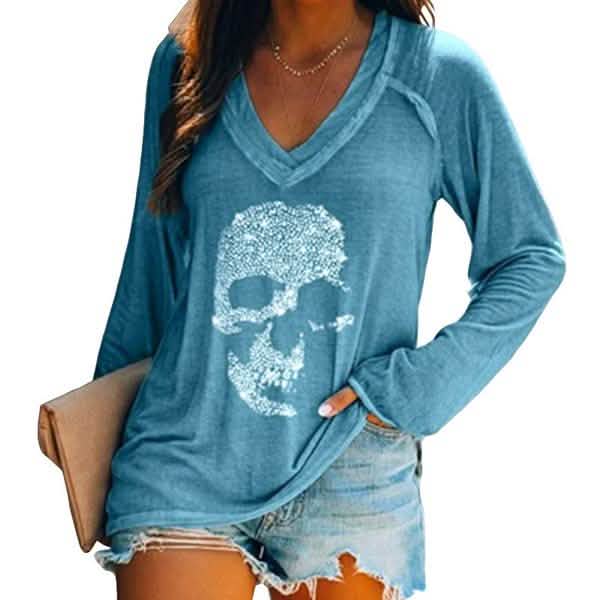 Women's Loose Skull Printed Long Sleeved V-neck Shirts Cotton Tops DailySale