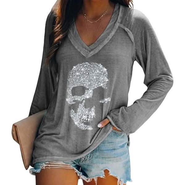 Women's Loose Skull Printed Long Sleeved V-neck Shirts Cotton Tops DailySale