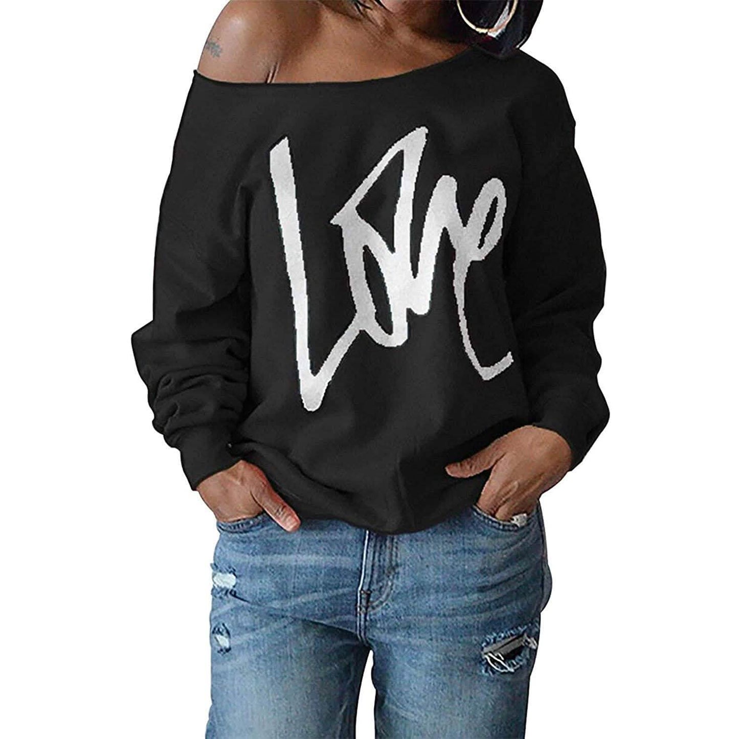 Womens Love Letter Printed Off Shoulder Pullover Sweatshirt Slouchy Tops Shirts DailySale