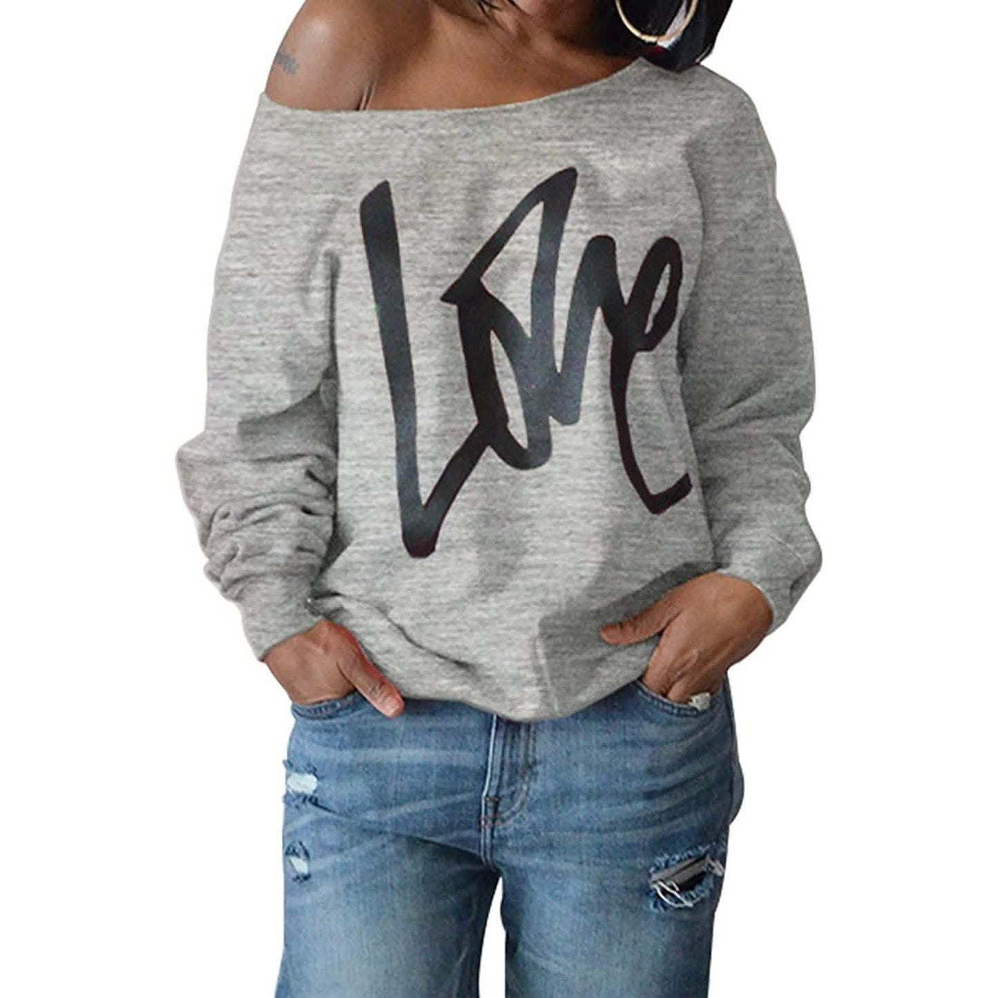 Womens Love Letter Printed Off Shoulder Pullover Sweatshirt Slouchy Tops Shirts DailySale