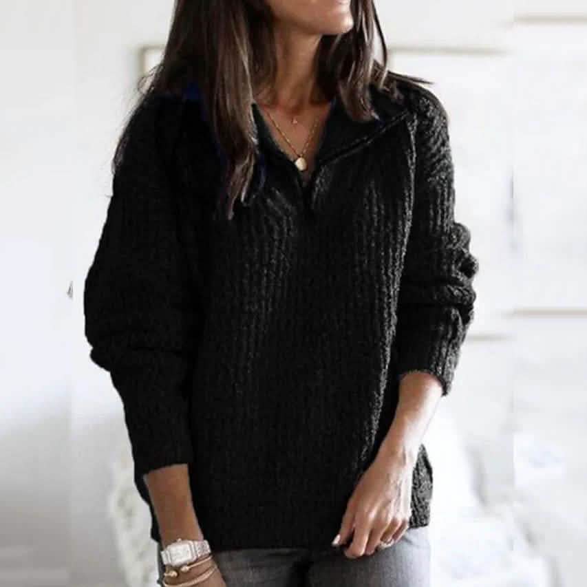 Women's Pullover Sweater Zipper Solid Color Basic Casual Long Sleeve Sweater Cardigans DailySale