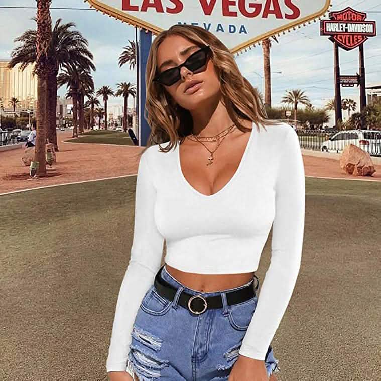 Women's Sexy Bodycon Scoop Neck Long Sleeve Slim Crop Top DailySale