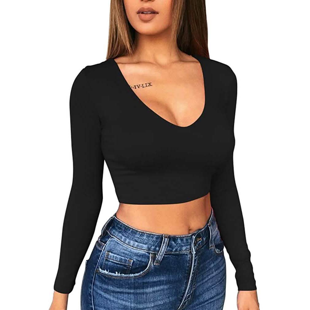 Women's Sexy Bodycon Scoop Neck Long Sleeve Slim Crop Top DailySale