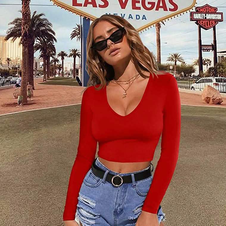 Women's Sexy Bodycon Scoop Neck Long Sleeve Slim Crop Top DailySale