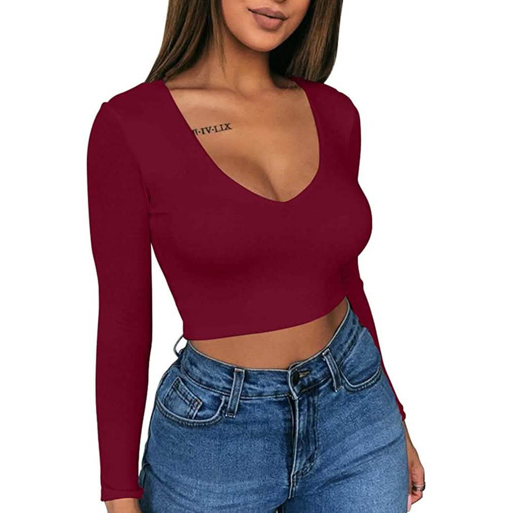 Women's Sexy Bodycon Scoop Neck Long Sleeve Slim Crop Top DailySale