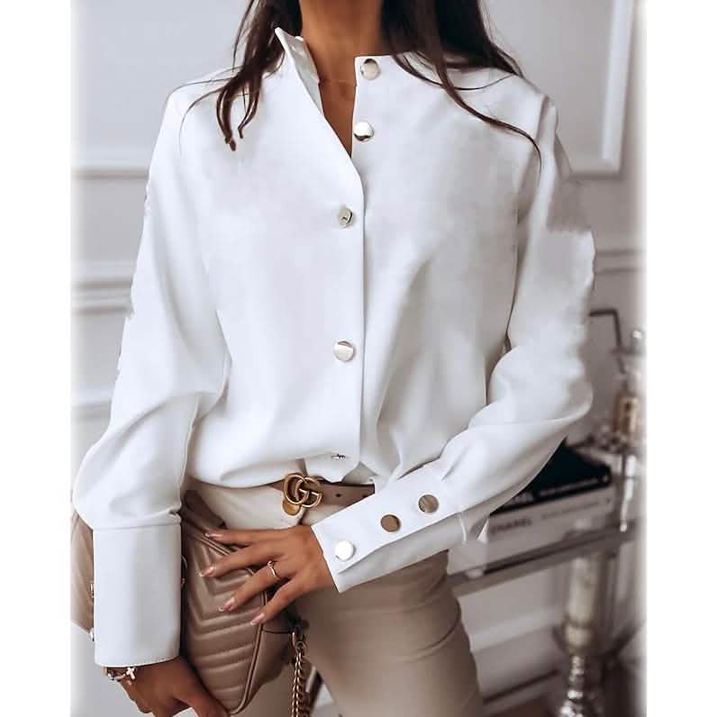 Women's Solid Colored Long Sleeve Button Standing Collar Basic Tops DailySale