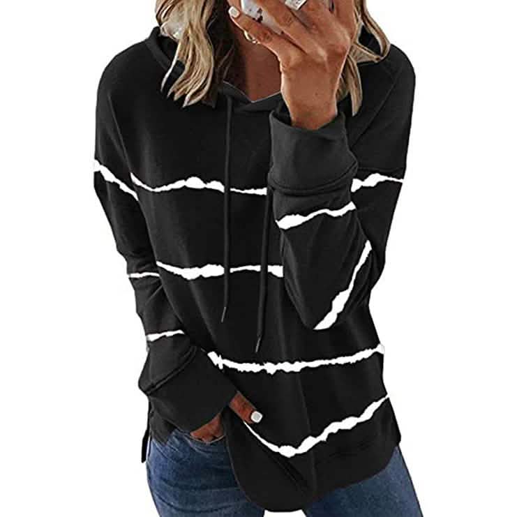 Women's Striped Printed Long Sleeve Drawstring Pullover Hoodie DailySale
