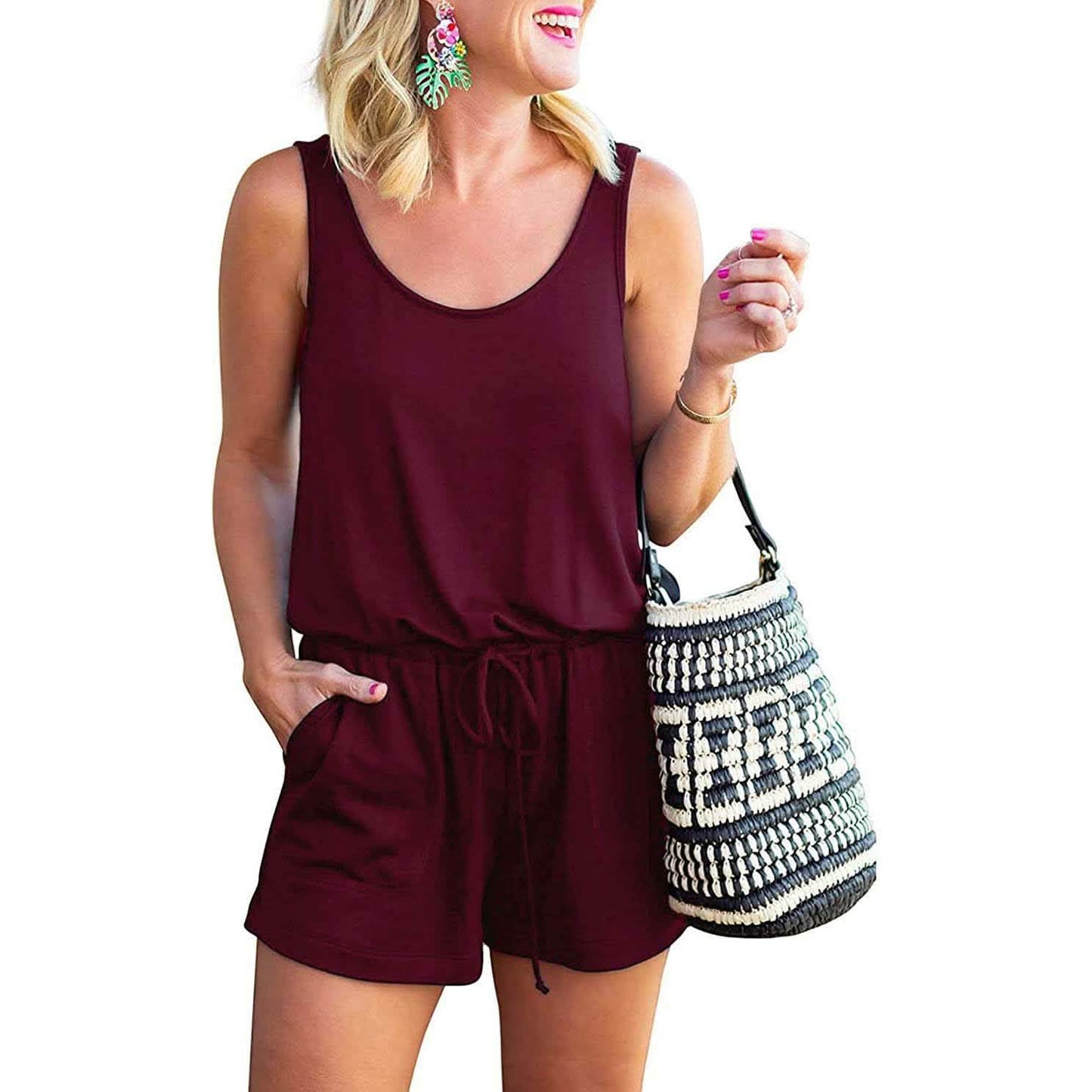 Women's Summer Tank Jumpsuit Casual Loose Sleeveless Beam Foot Elasitic Waist Jumpsuit Romper with Pockets DailySale