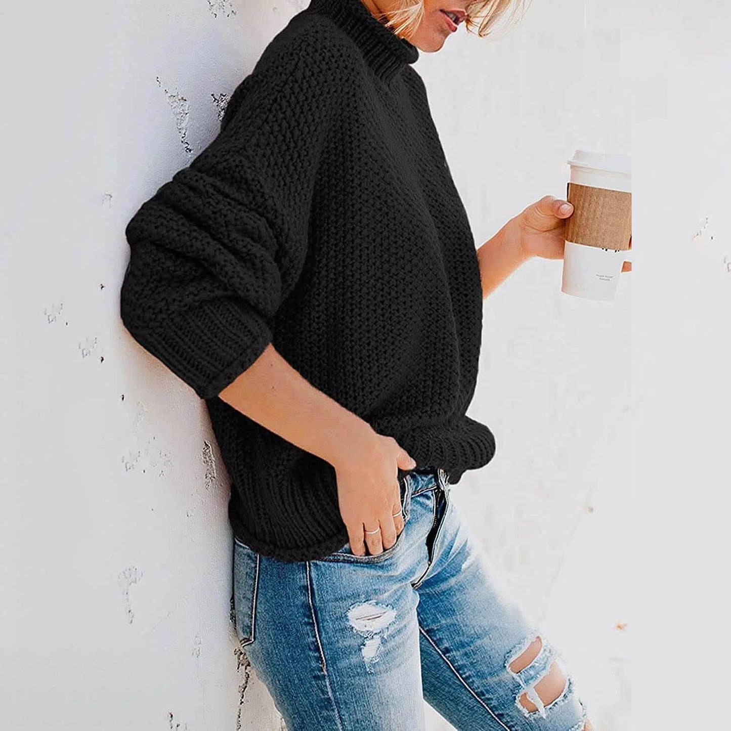 Women's Turtleneck Batwing Sleeve Loose Oversized Chunky Knitted Pullover Sweater Jumper Tops DailySale