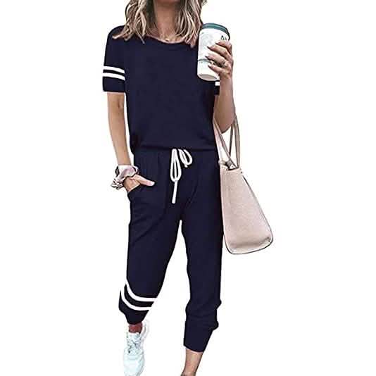 Women's Two Piece Outfits Casual Tracksuits Short Sleeve Sweatsuits with Pockets DailySale