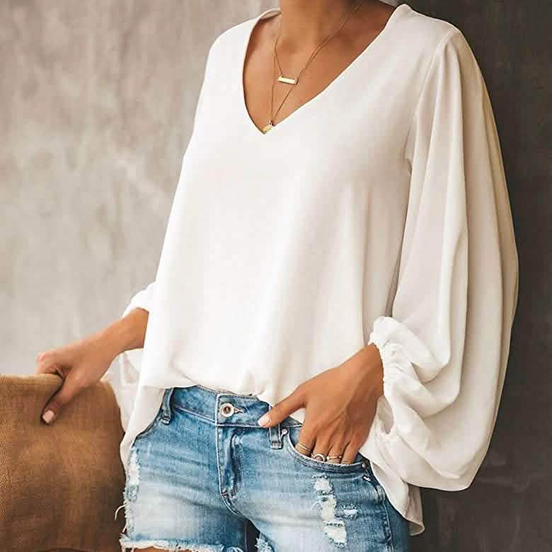 Womens V Neck Chiffon Blouses Casual Balloon Sleeve Floral Print Shirts Tops DailySale