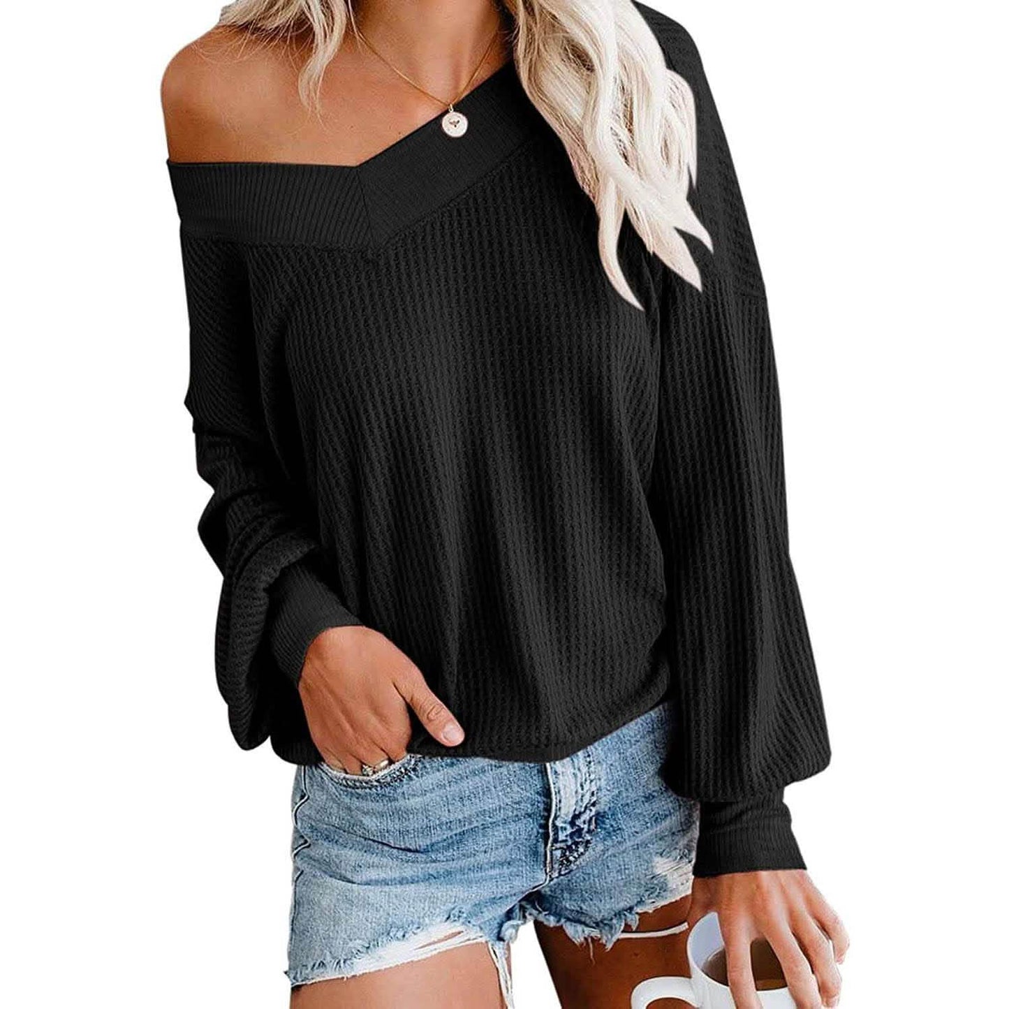 Women's V Neck Long Sleeve Waffle Knit Top Off Shoulder Oversized Pullover Sweater DailySale